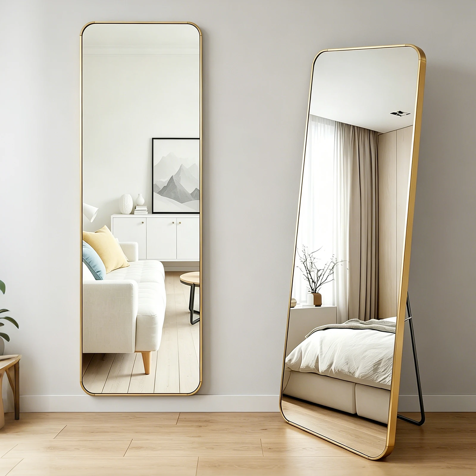AuraHaven Miroir sur Pied Pleine Longueur 140x35cm - Inclinable, Verre Trempé Anti-éclat, Moderne pour Chambre Dressing - Doré
