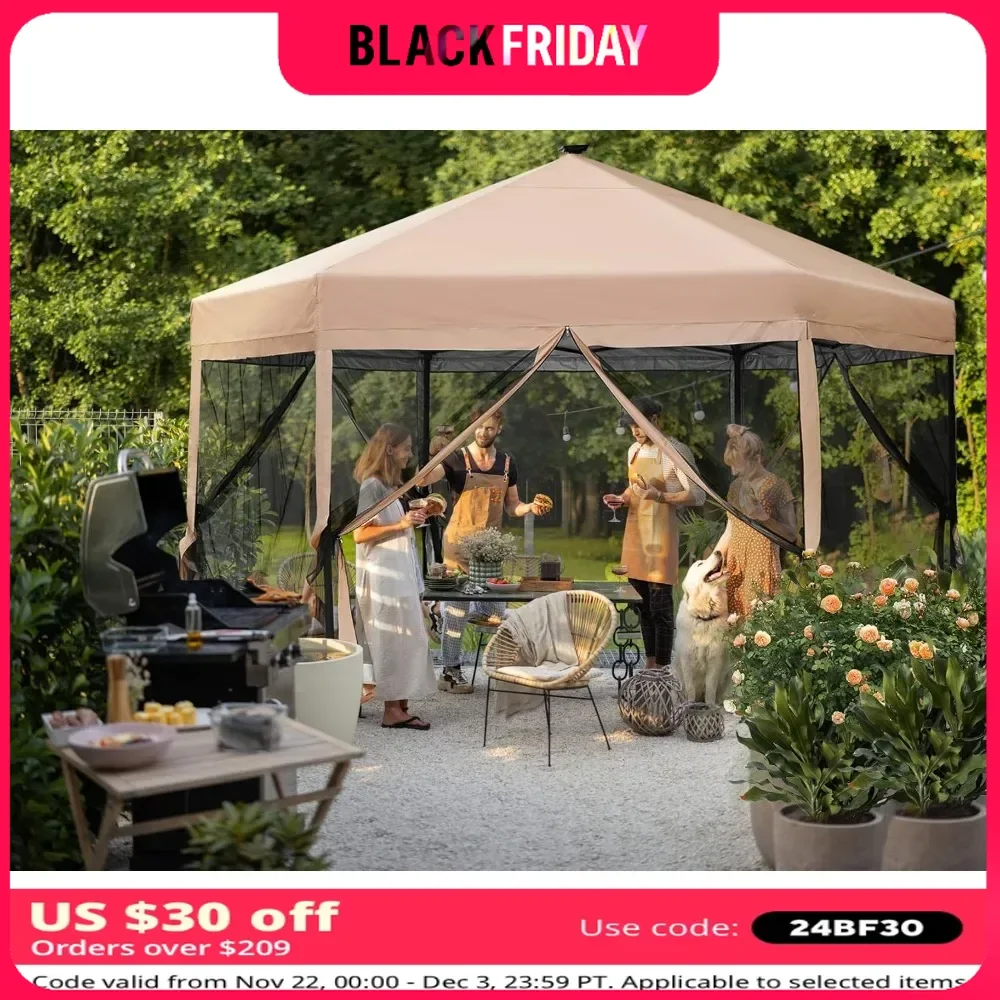 Pop Up Canopy Tent with Mosquito Netting, Easy Set Up with LED Lights, Premium UV and PU Coating, Outdoor Folding Shed