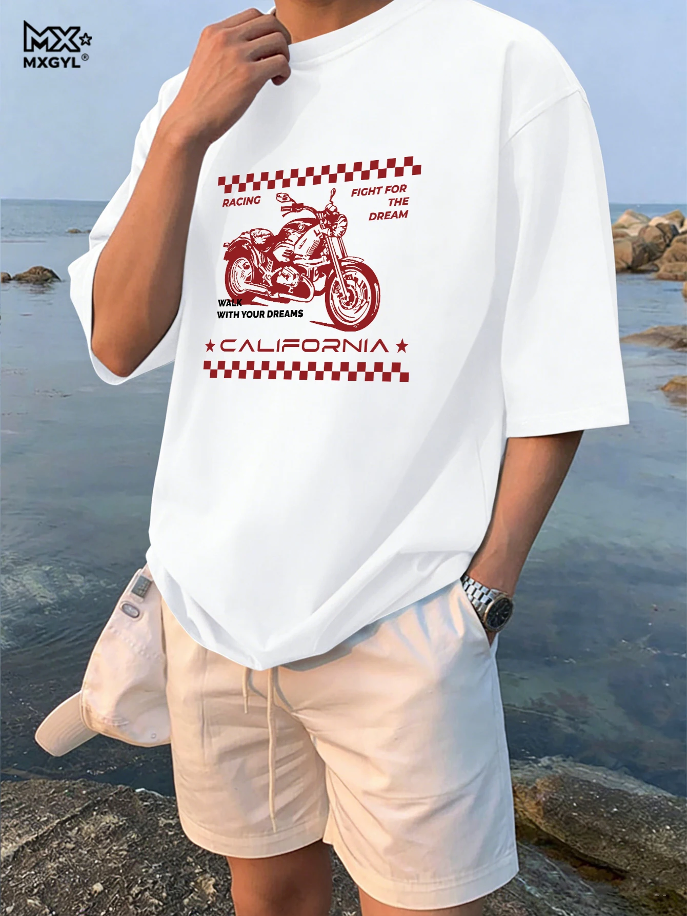 2026 High Quality New Model Men Fashionable Casual Loose Retro Motorcycle Pattern Printed Round Neck Short Sleeved T-shirt