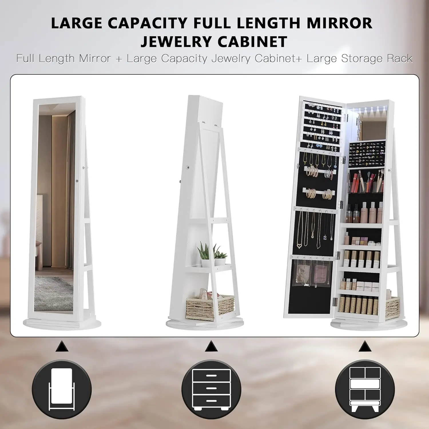 DOIT 360 ° Rotating Armário Jóias com 6 LED Full Length Mirror, Grande Capacidade Organizador Jóias, Lockable Piso, 67"