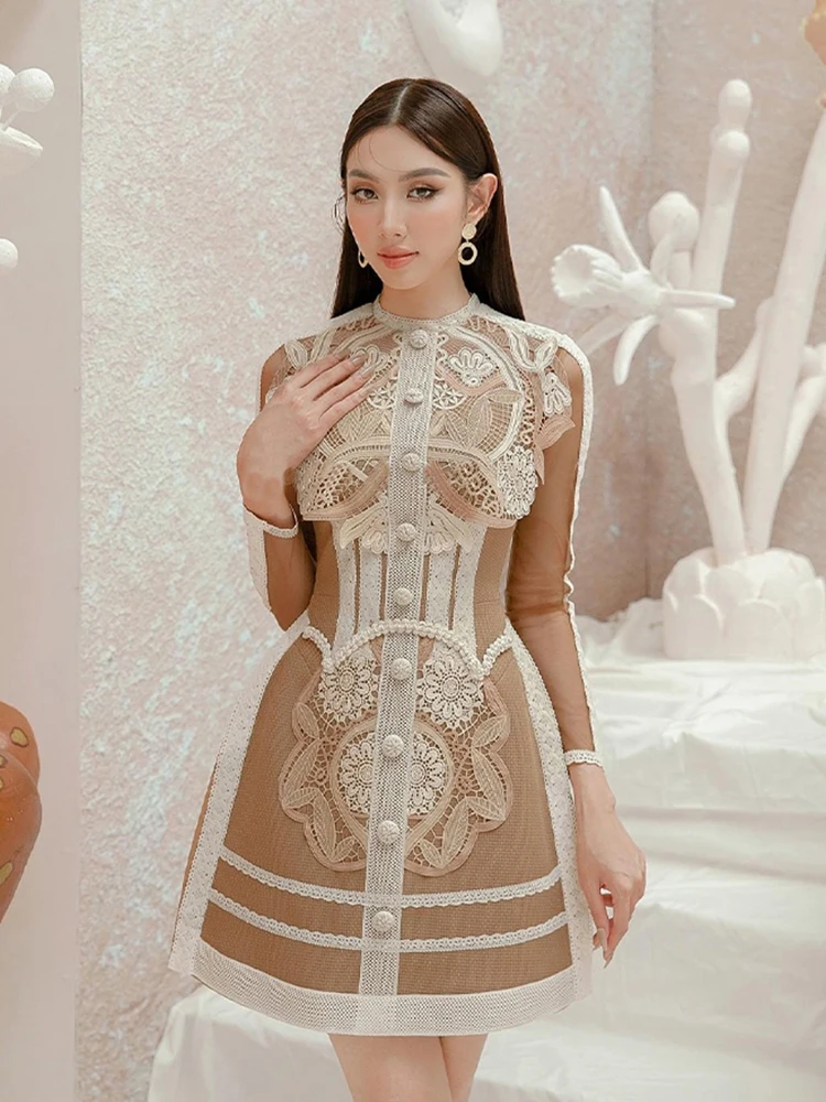 

Elegant Embroidery Lace Splicing Dresses Spring Women Long Sleeves O Neck Mini Dress Autumn High Waist Zipper A Line Short Dress
