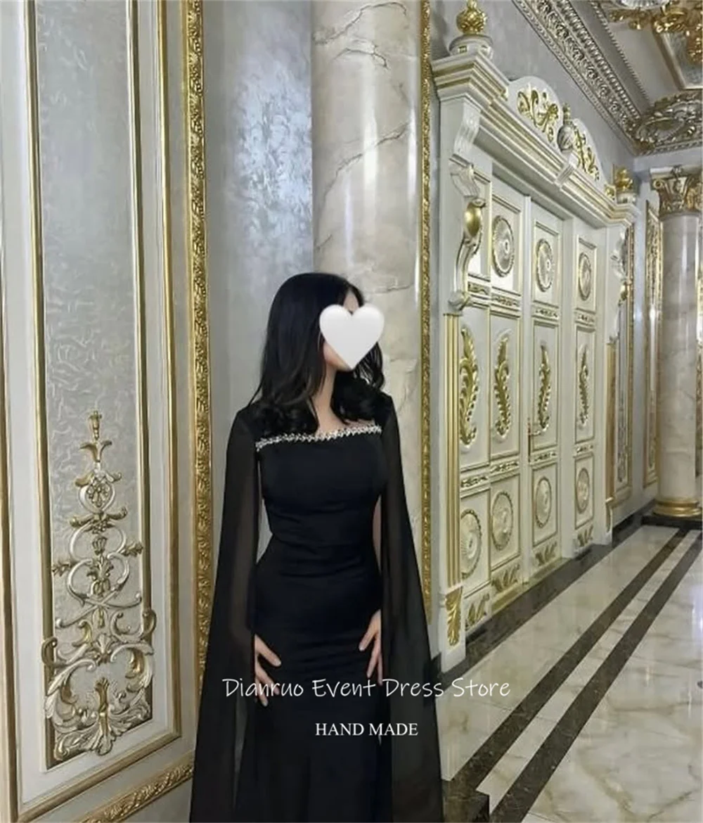 فساتين سهرة بحورية البحر باللون الأسود من Dianruo 2025 بأكمام شفافة فساتين الضيوف مطرزة بخط عنق ساحرة رداء دي كوكتيل مخصص