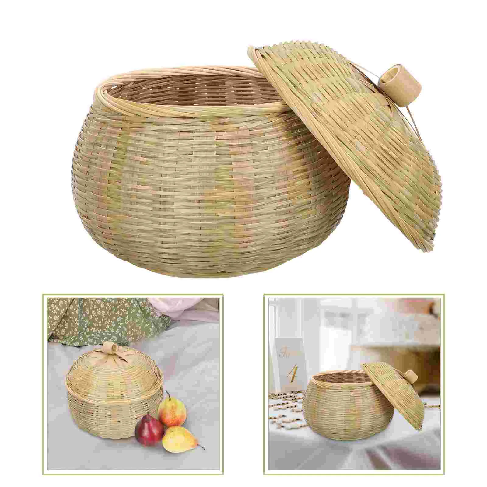 Storage Basket with Lid Bamboo Egg Organizing Bread Home Sundries Food Handmade Holder