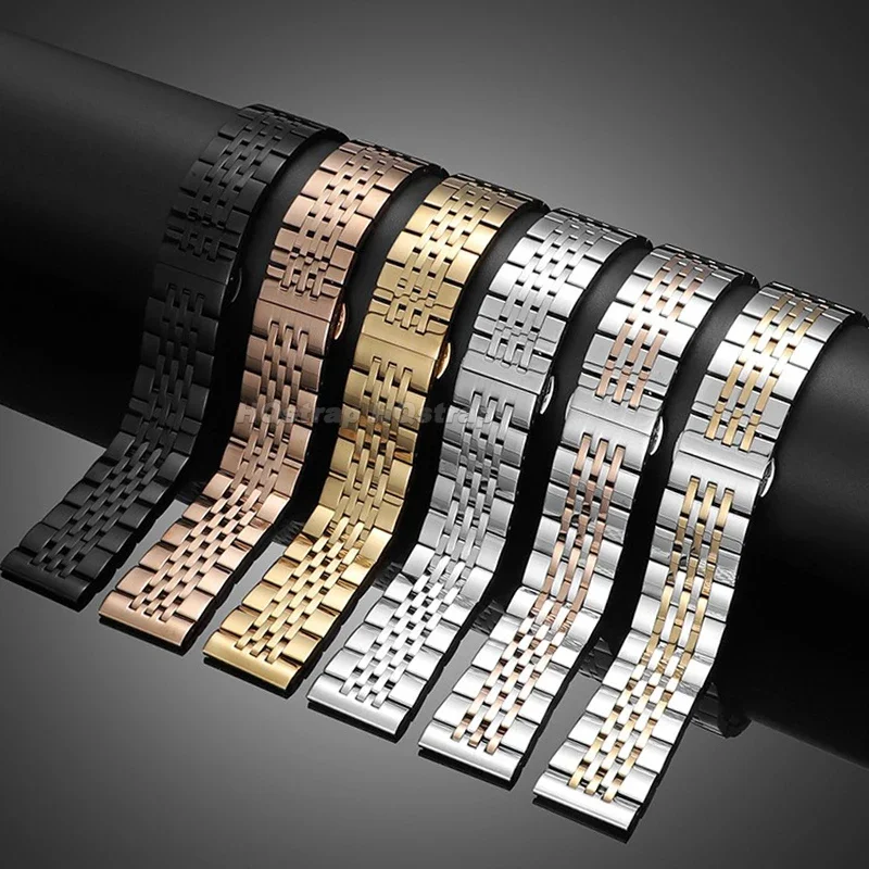 스테인리스강 세븐 비드 시계 스트랩, 금속 밴드, 솔리드 나비 버클 팔찌, 범용 손목 밴드, 18mm, 20mm, 22mm