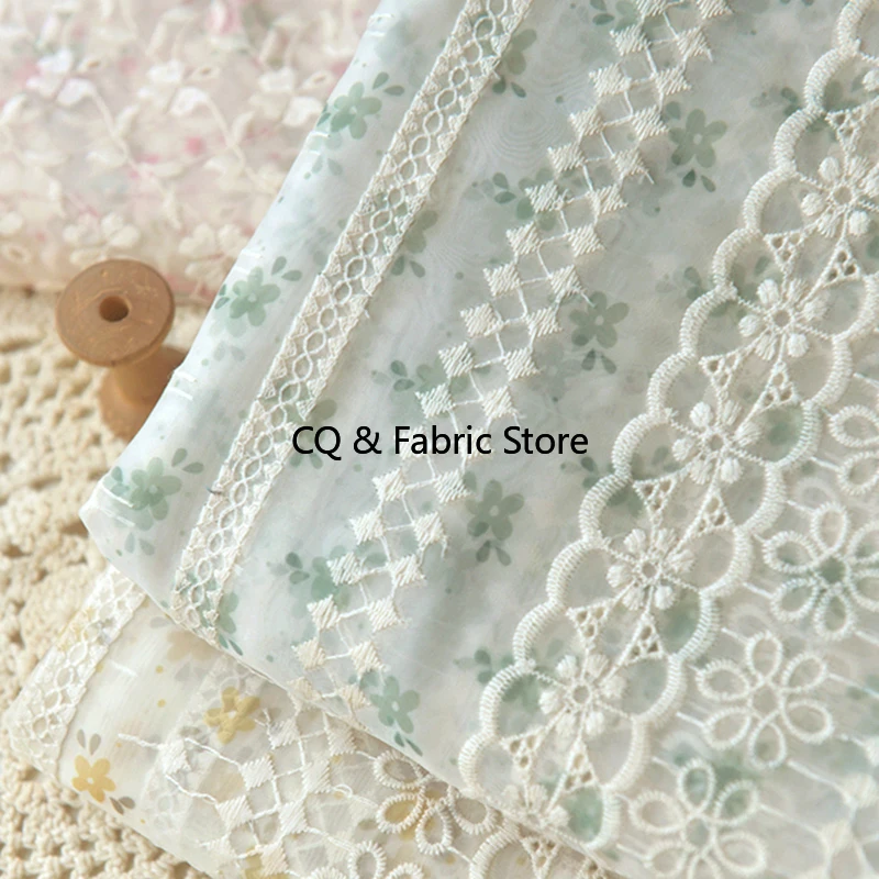 Green Yellow Embroidered Chiffon Fabric For DIY Dress Blouse Baby Clothes Spring Summer By The Meter