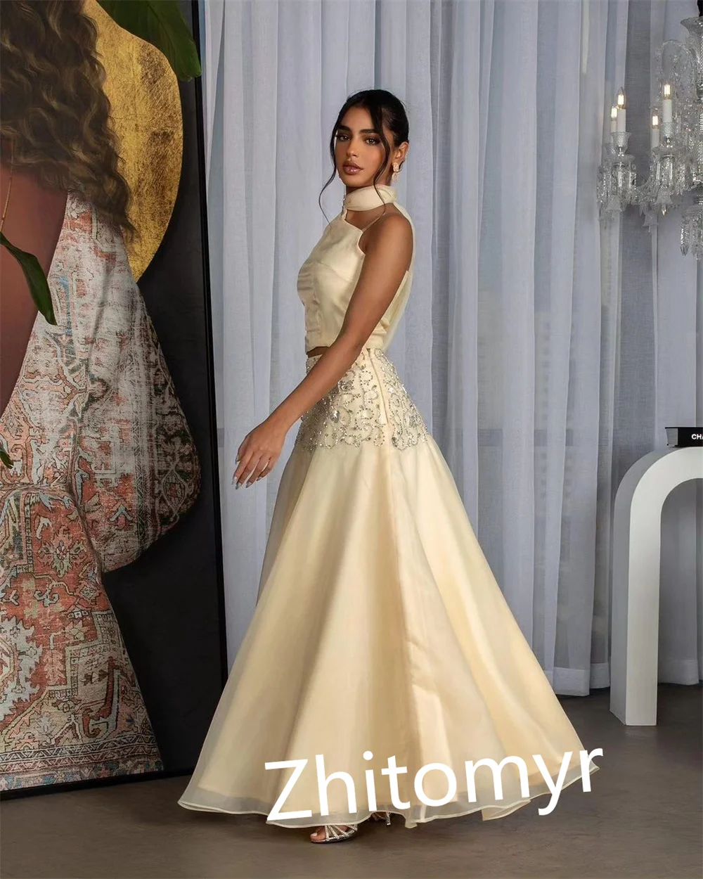 Customized Exquisite High Quality Halter A-line Anke Length Evening Dresses Paillette / Sequins S ladies dresses for special oc