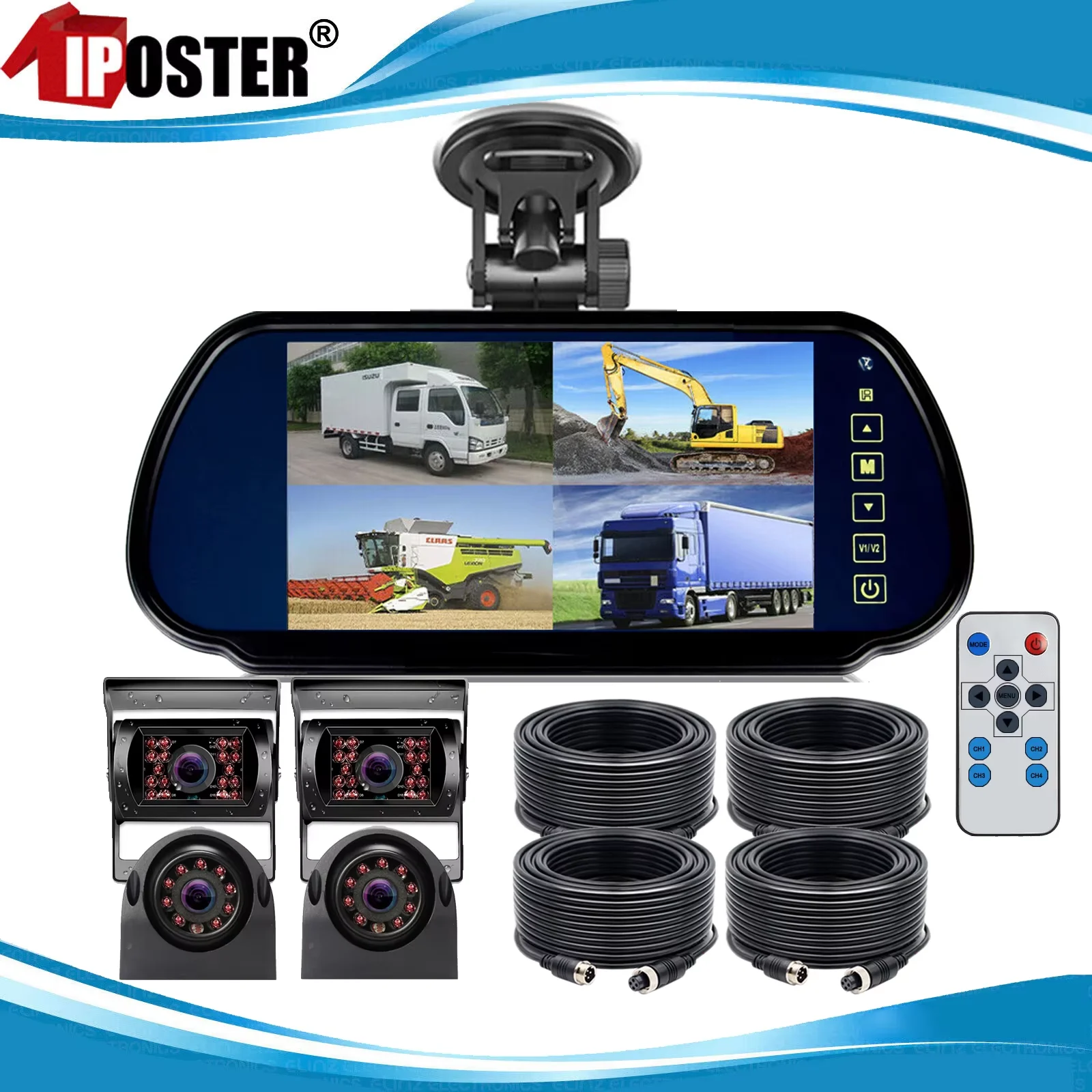 

iPoster 7 Inches LCD Split Screen Quad Monitor 4x 4PIN 18 IR CCD Rear View Reversing Cameras Kit 12-24v For Truck Trailer Rv Van