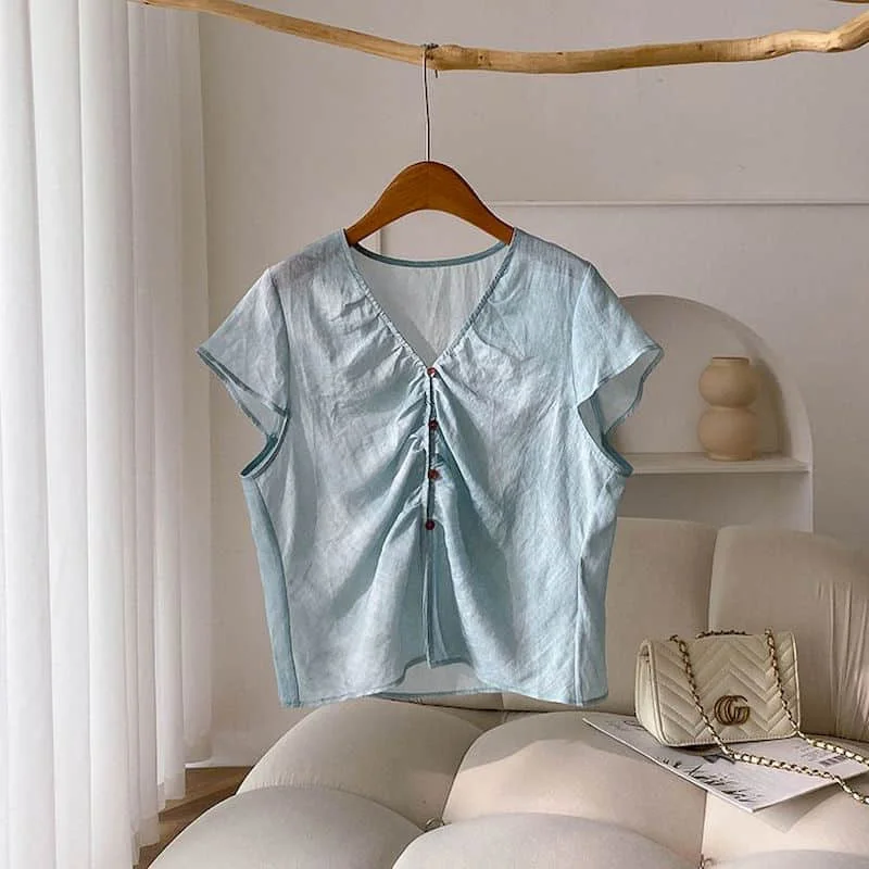 Elegant Vests Cotton Linen V-neck Loose Casual Korean Style Flutter Sleeve Tops Cropped Shirts 2026 Summer Sale Women Clothing