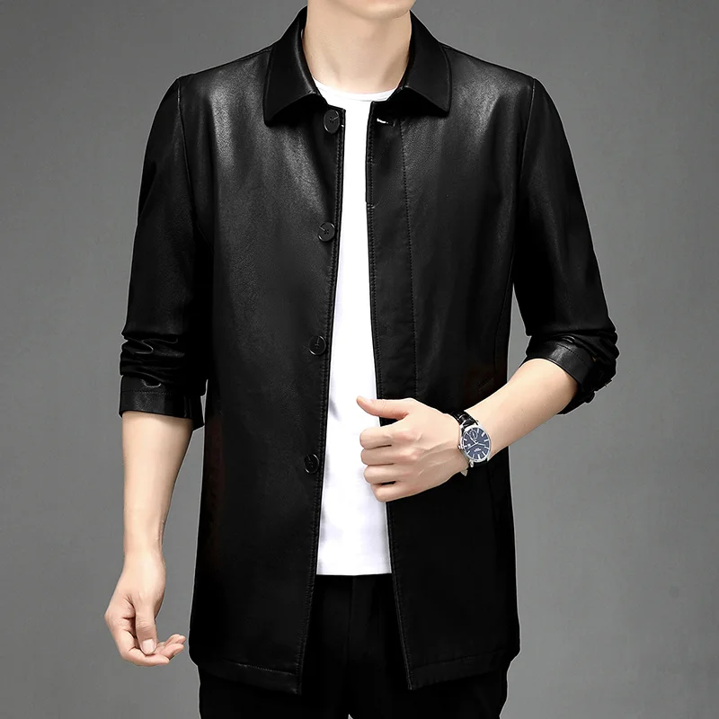 and Spring autumn new Haining men's leather jacket middle-aged business casual leather jacket