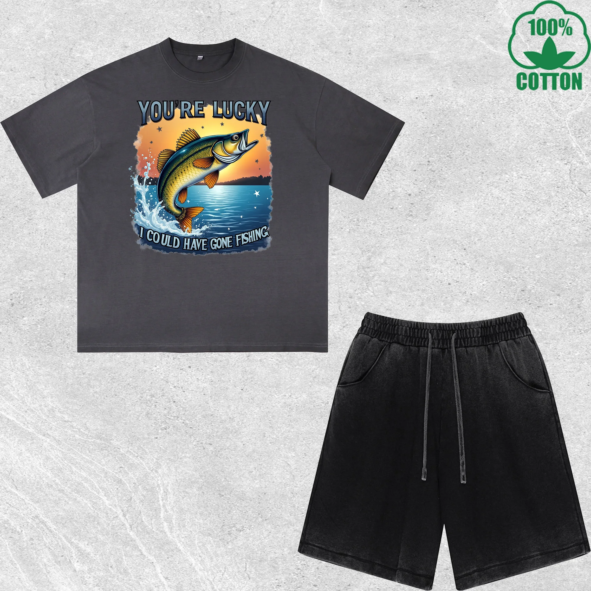 

Have Gone Fishing Printed Dirty Wash T-Shirt Shorts Set Multicolor Combo Loose Trendy Fashionable 100%Cotton