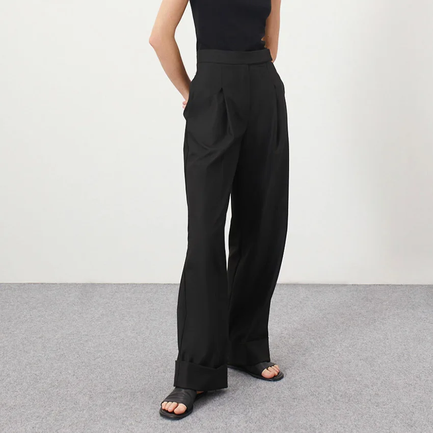 Spring Summer Black Ladies Office Trousers Women High Waist Pants Pockets Female Pleated Wide Leg Pants Solid 2023