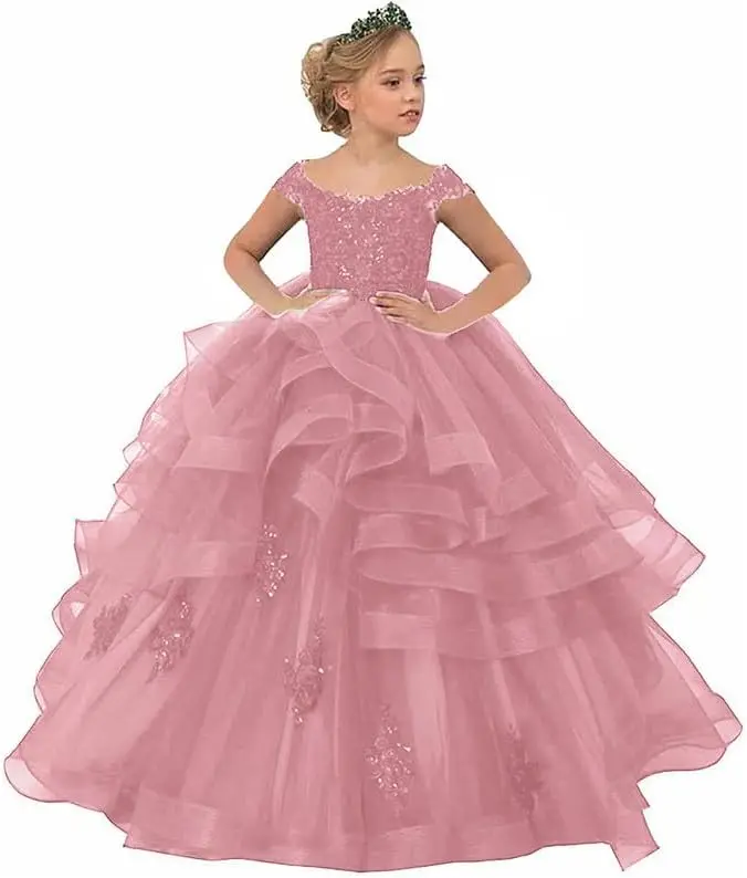 Bloemenmeisjesjurk met bloemenstickers Dun gaas Pluizige prinsessenjurk, prinsessenfeestbaljurk, formele avondjurk voor kinderen