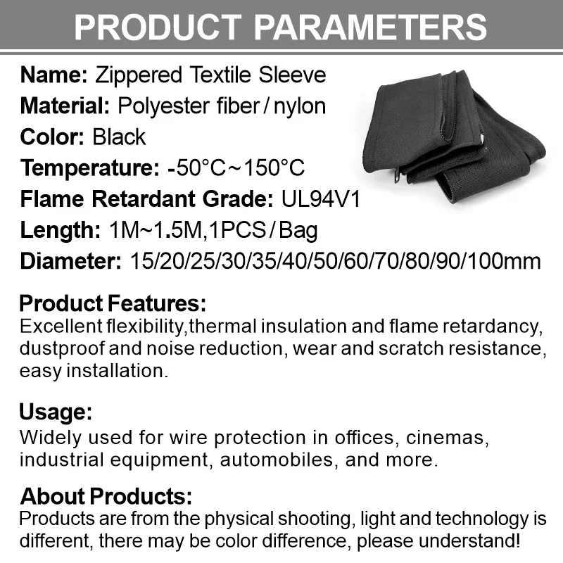 Schwarze 16–100 mm Anti-Tangle-Reißverschluss-Kabelhülle, staubdichter Kabel-Organizer, Schutz für Zuhause, Büro, Computer, Kabelmanagement – Detail 1