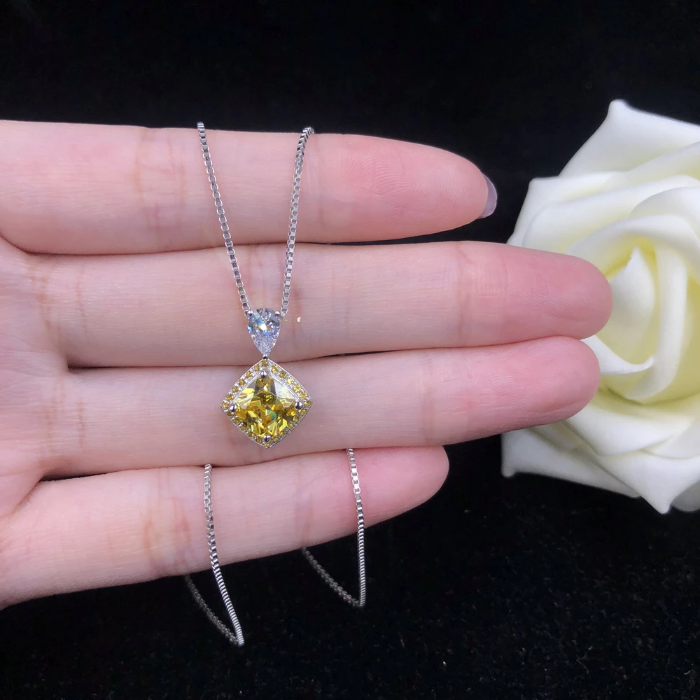 Beliebte solide 18 Karat Weißgold Anhänger 2ct gelb Kissen Diamant Verlobung Anhänger Halskette Frauen niedlichen Reises chmuck – Detail 3