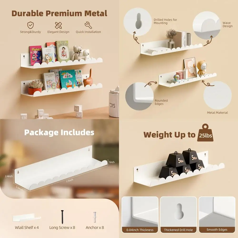 

Set of 4 Metal Floating Shelves, 17 for Kids' Books & Toys, Ideal for Nursery, Bedroom, Playroom, and Home Decor