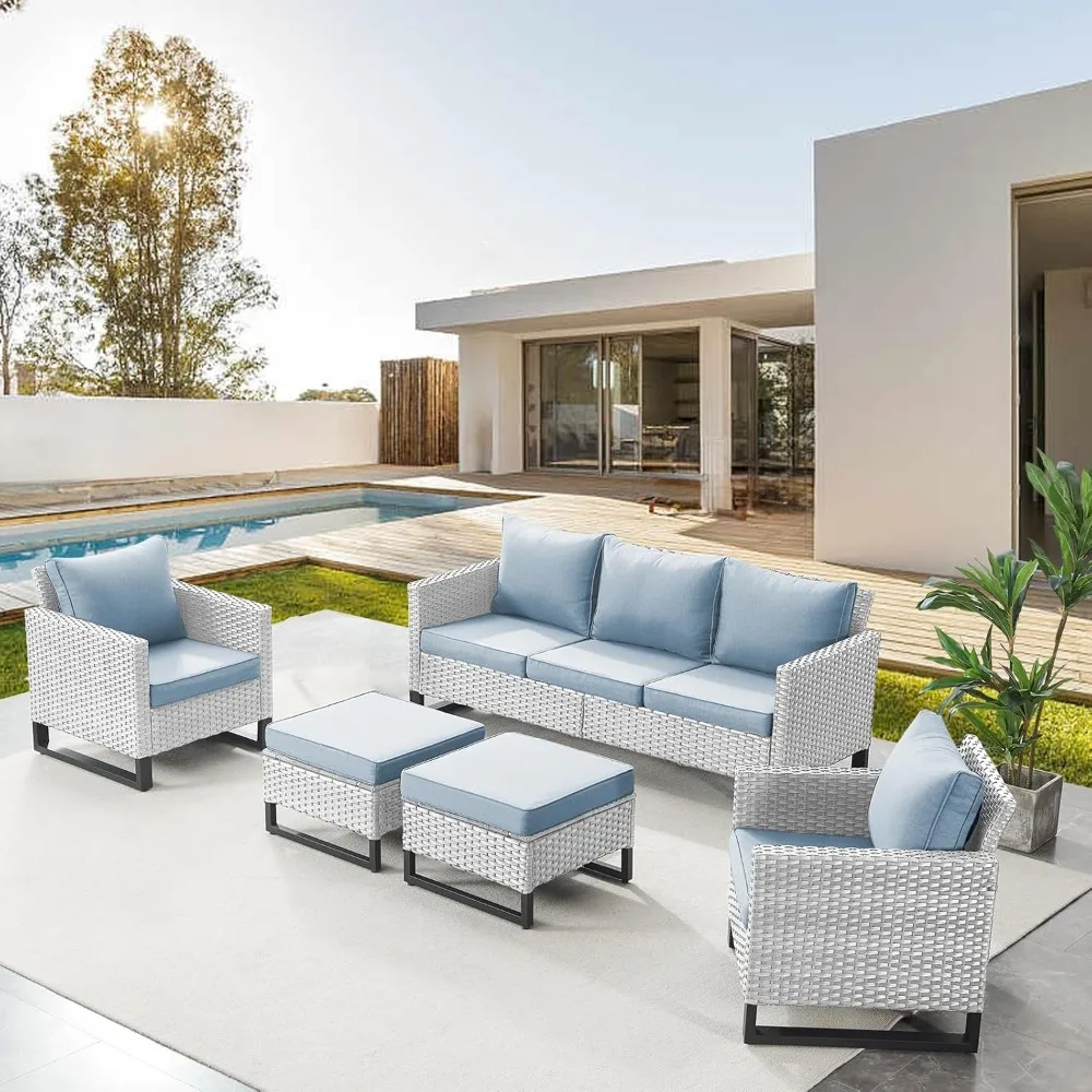 

Wicker Patio Furniture 5 Piece Outdoor Sofa Set, Oversize Outdoor Dining Chairs with Rattan Ottomans, Conversation Sets Patio