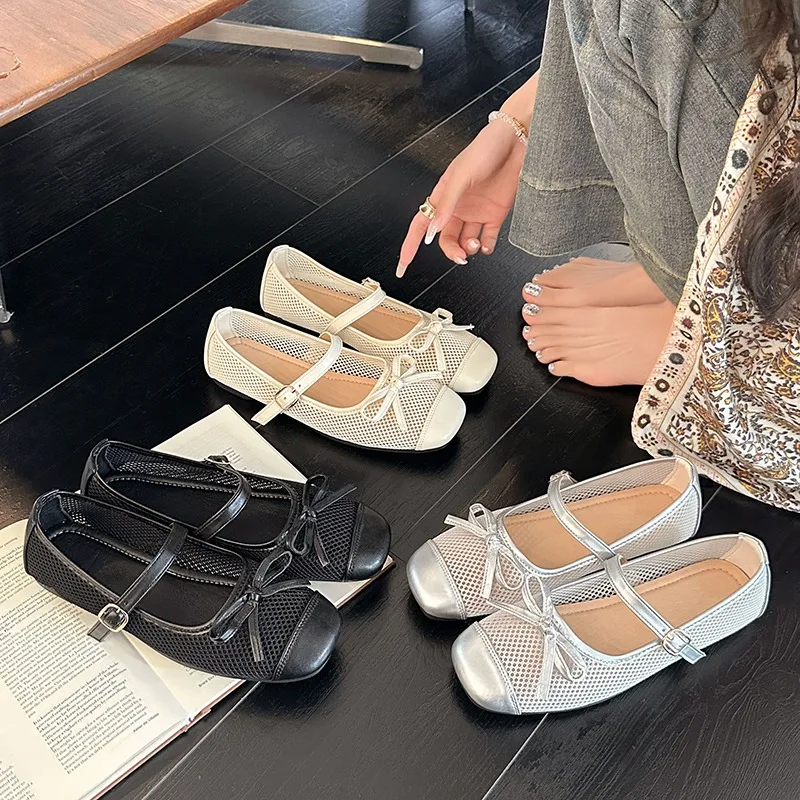 Fashion Simple Bow Square Toe Mesh Women's Flats and Loafers 2026 New Buckle Strap Breathable Comfort Women Shoe Балетки Женские