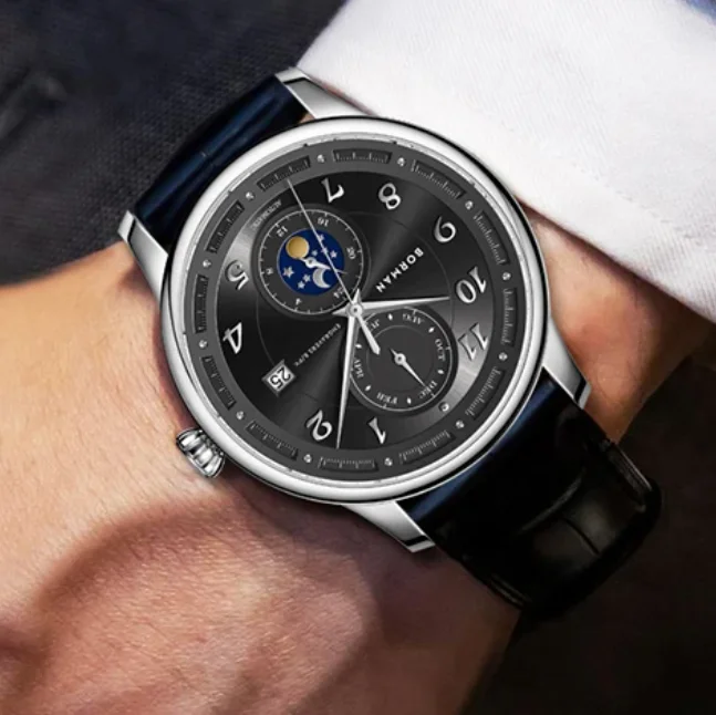 BORMAN Orologio automatico da uomo 41 mm Orologio da polso meccanico 50 m Impermeabile Zaffiro Multi-quadrante Mese Settimana Data