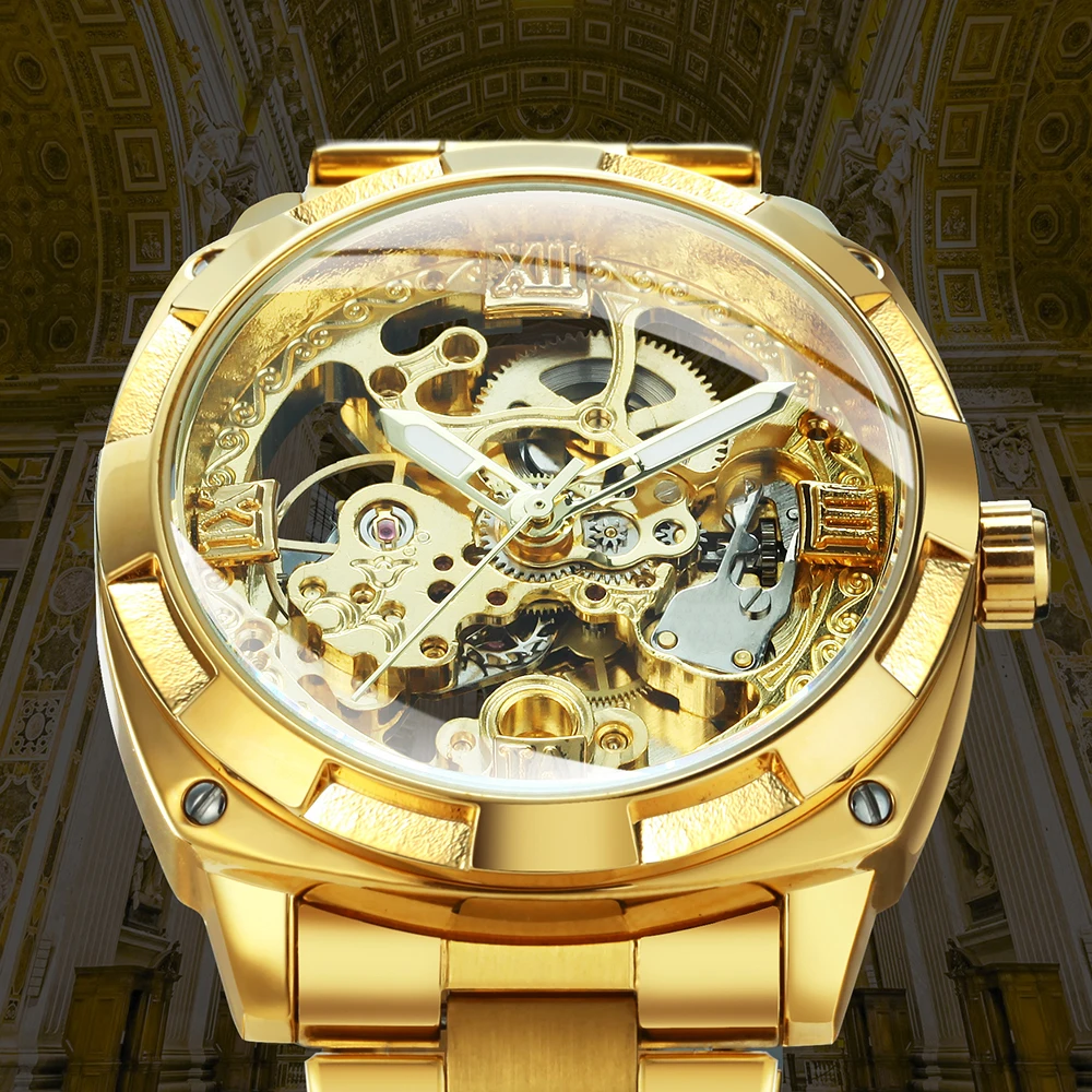Forsining Gold Mens Watches Top Brand Luxury Skeleton Automatic Mechanical Watch for Men Stainless Steel Band Fashion Wristwatch image 2