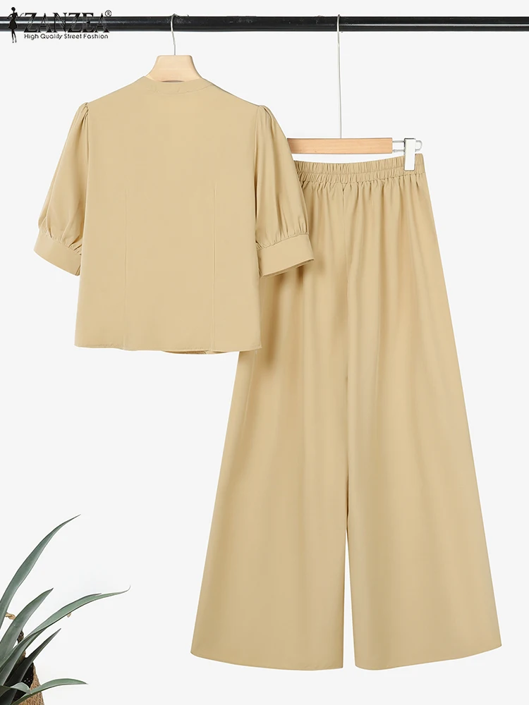 ZANZEA Woman Fashion 2 Piece Sets Stylish V-Neck Short Puff Sleeve Blouses Wide Leg Pants Two Piece Outfits Streetwear Pant Sets