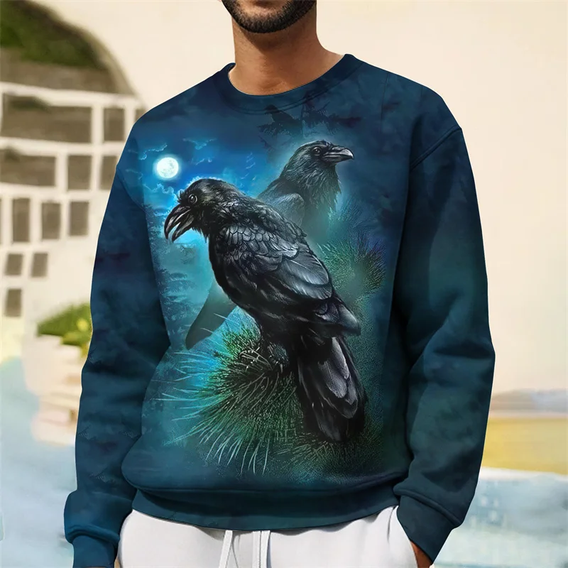 Crows Skeletons Pattern Hoodie For Men Cool Bird 3D Printed Sweatshirt Autumn Long Sleeve Tops Loose Pullovers O-Neck Hoodies