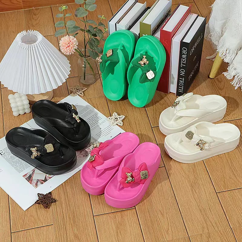 2024 NewWomen Flat Bow Flip Flops Women  Summer Platform Flops Female Thick Sole Mules Outdoor Fashion Casual Comfortable Slides