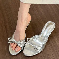 Sliver\Pink\Black Bowknot Elegant Slippers Summer New in Women's Luxury Desaigner Leather Mules Big Size Causal Dress Cute Shoes