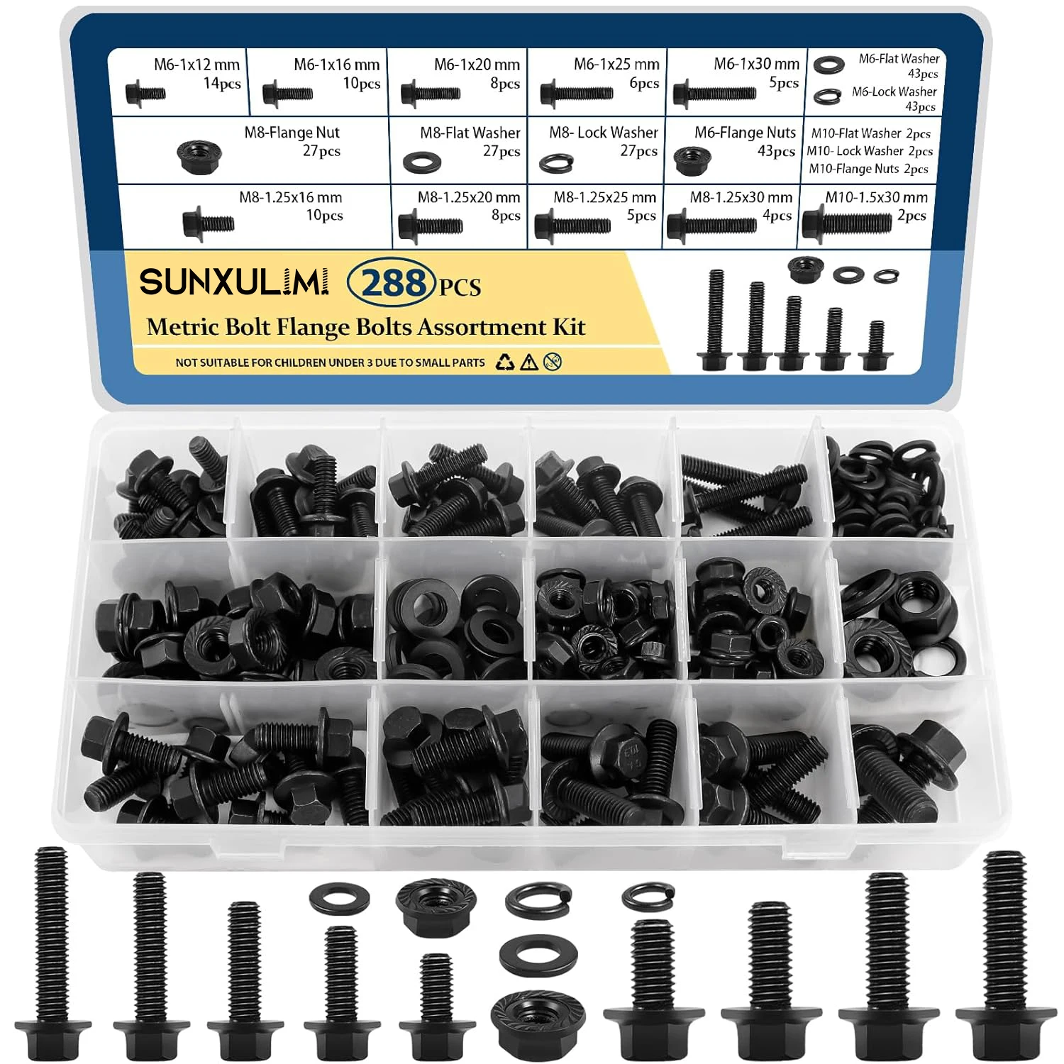

288 sets of metric bolt flange bolt combinations, including M6x1.0, M8x1.25, and M10x1.5 bolts (from 12mm to 30mm)