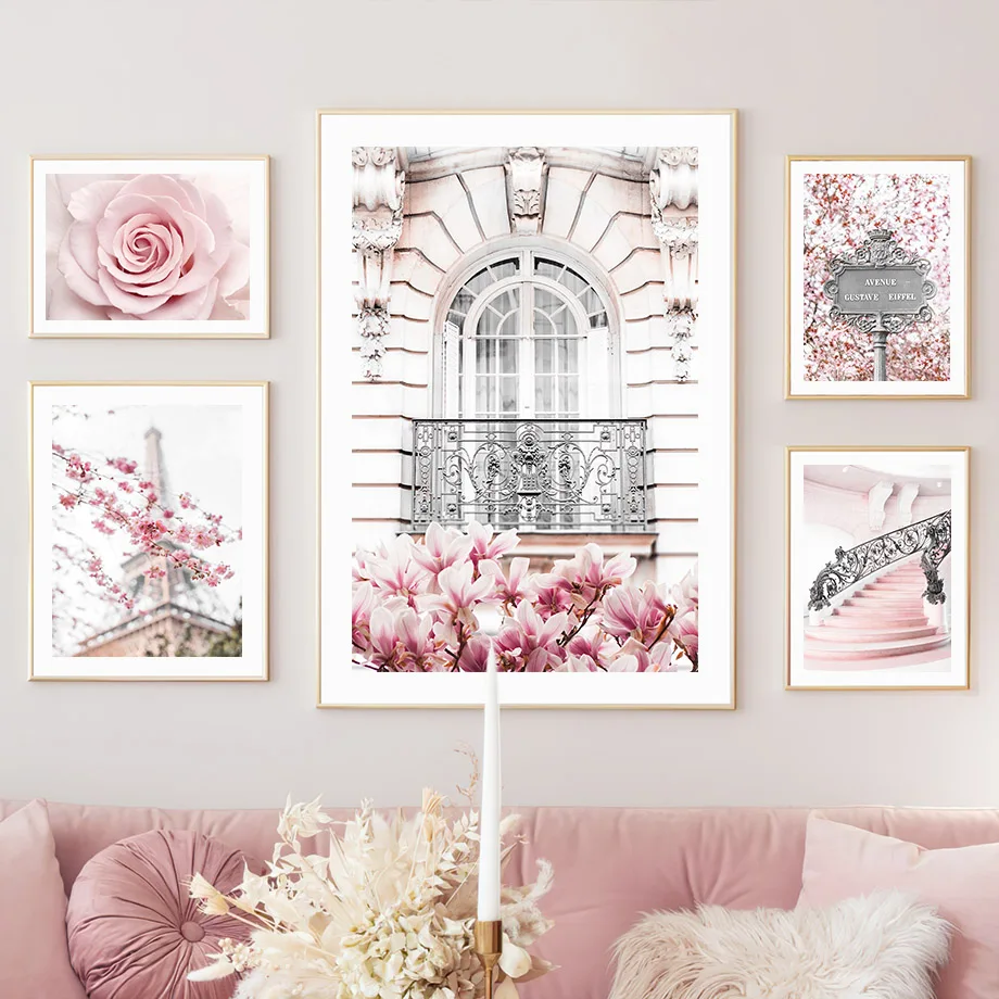 Pink Sakura Spring Paris City Landscape Rose Peony Wall Art Aesthetics Print Canvas Painting Posters for Living Room Home Decor