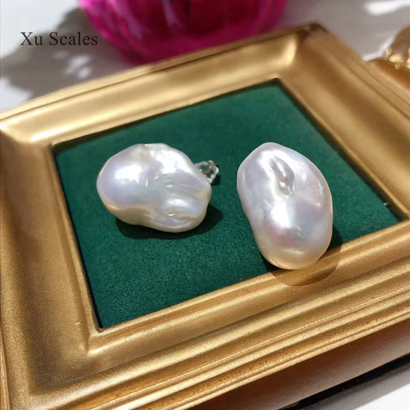 Natural Colorful Alien Large Baroque Pearl Ear Studs 15-25mm French Retro Atmosphere Simple S925 Sterling Silver Women's Jewelry