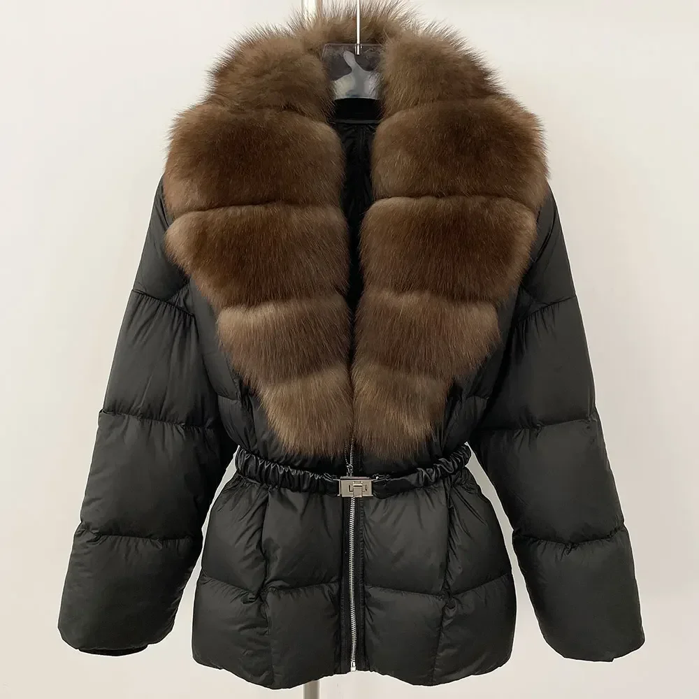 White Duck Down Jacket New Large Real Natural Fox Fur Coat 2025 Women Winter Lace-up Waist Warm Fluffy Parka Loose Puffer Jacket
