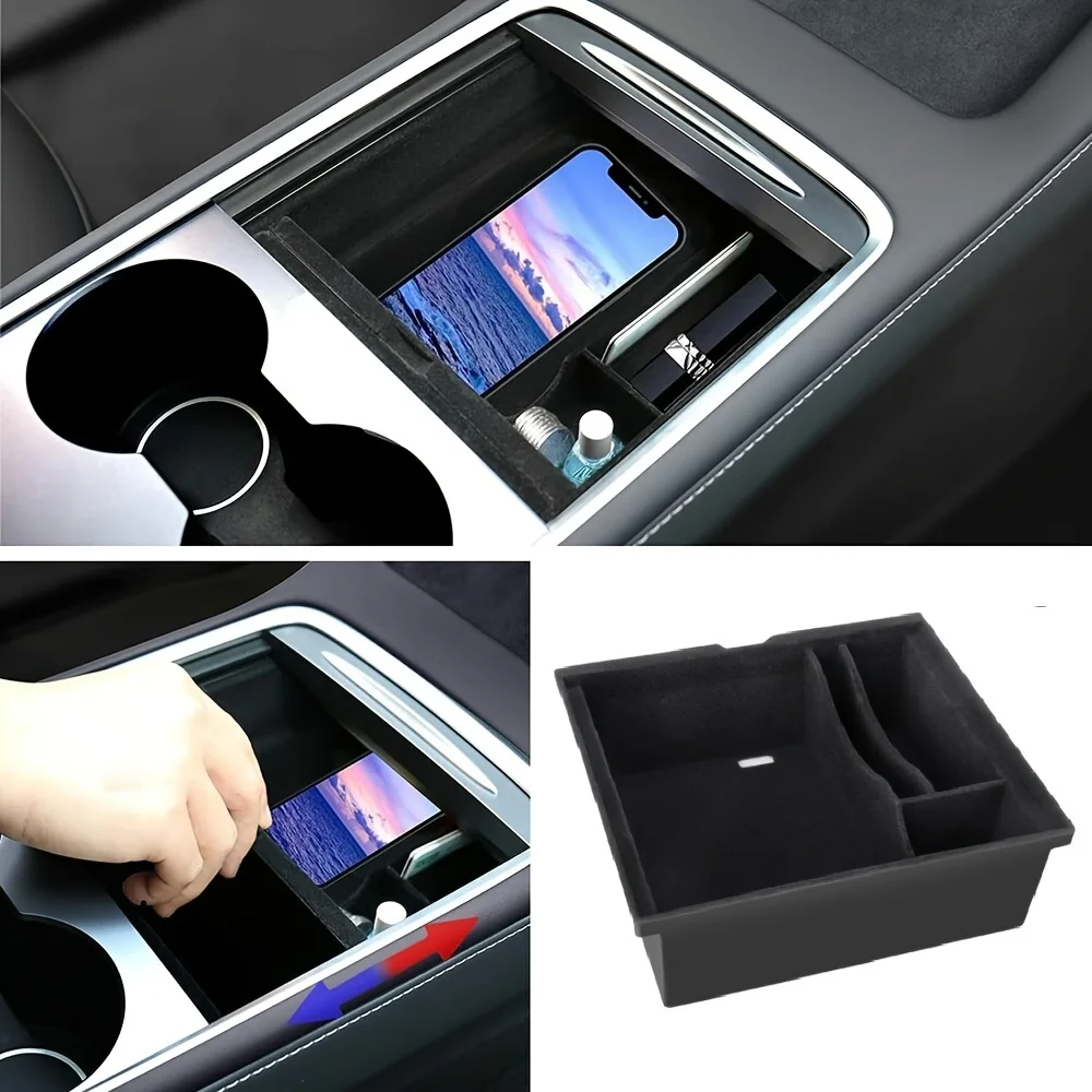 

Compatible For Tesla Model 3/Y 2021-2022 Center Console Organizer Tray with Storage Drawer Flocked Liner & Built-In Installation