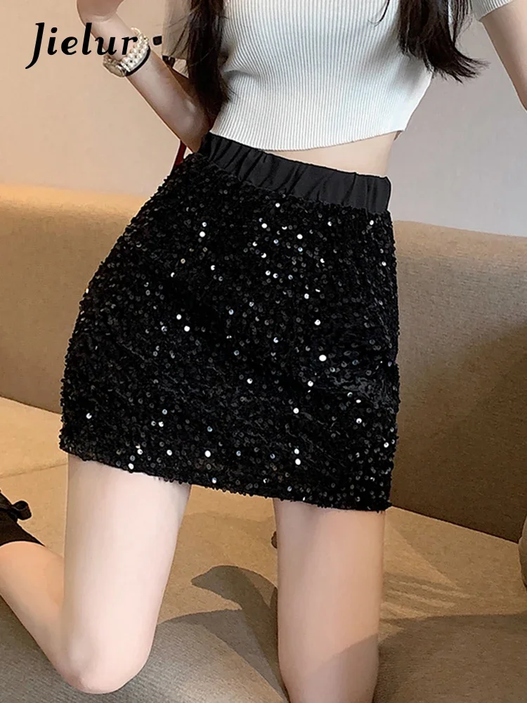 

Jielur Elastic Waist Sequin Skirt Women Spring Summer Anti-Glare High-Waisted Slim A-Shaped Buttock Skirt Shiny Skirt