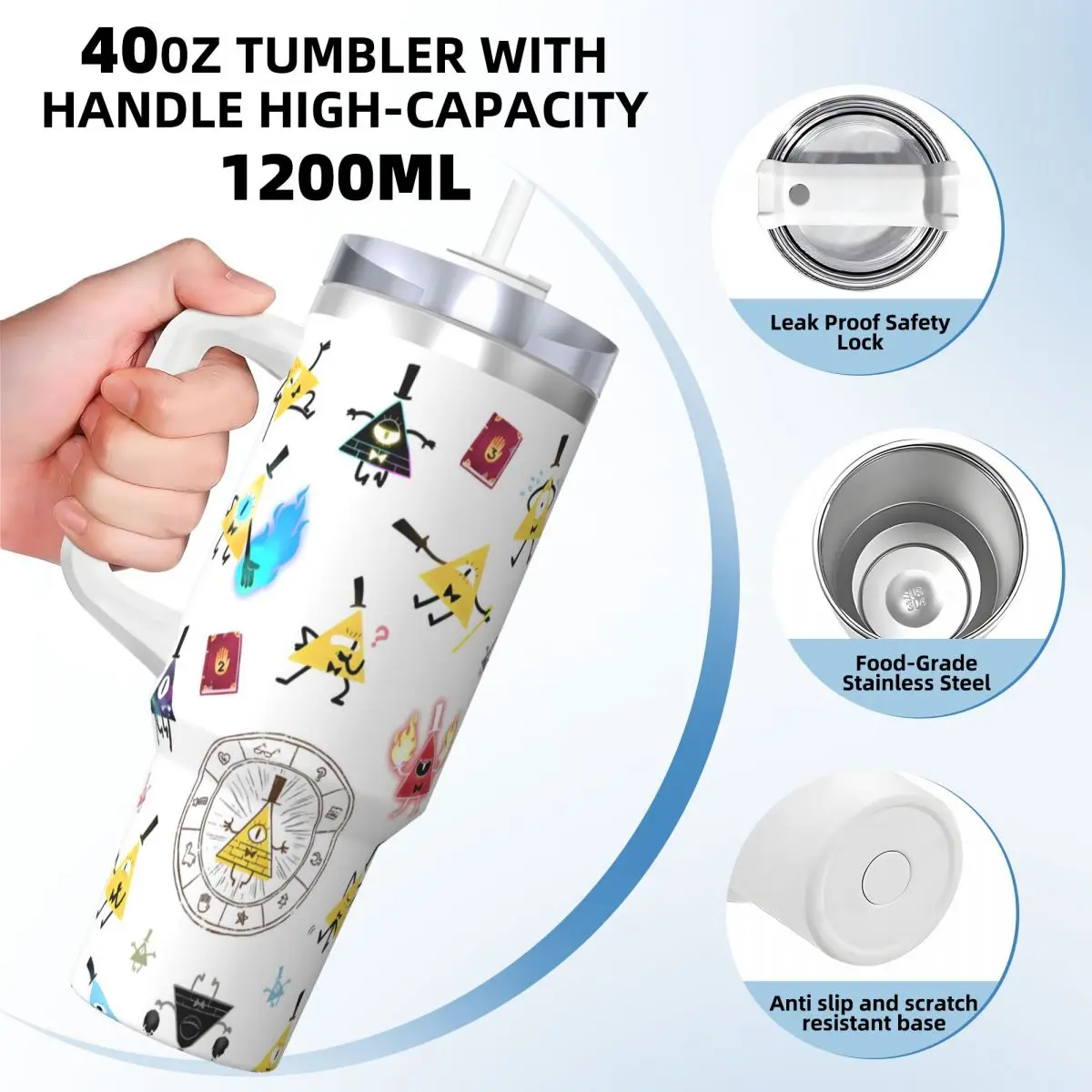 Gravity Falls Bill Cipher Mood Stainless Steel Tumbler Driving Car Mugs Large Coffee Mug Portable Cold Drink Milk Water Bottle