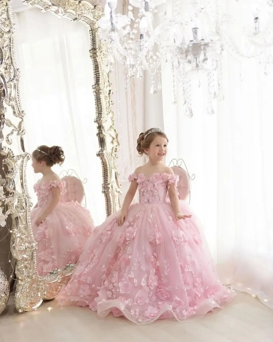 Vestido de tul hinchado para niña de las flores, apliques 3d, perlas rosas de lujo, vestido de princesa para fiesta de cumpleaños, vestidos de baile, 2024