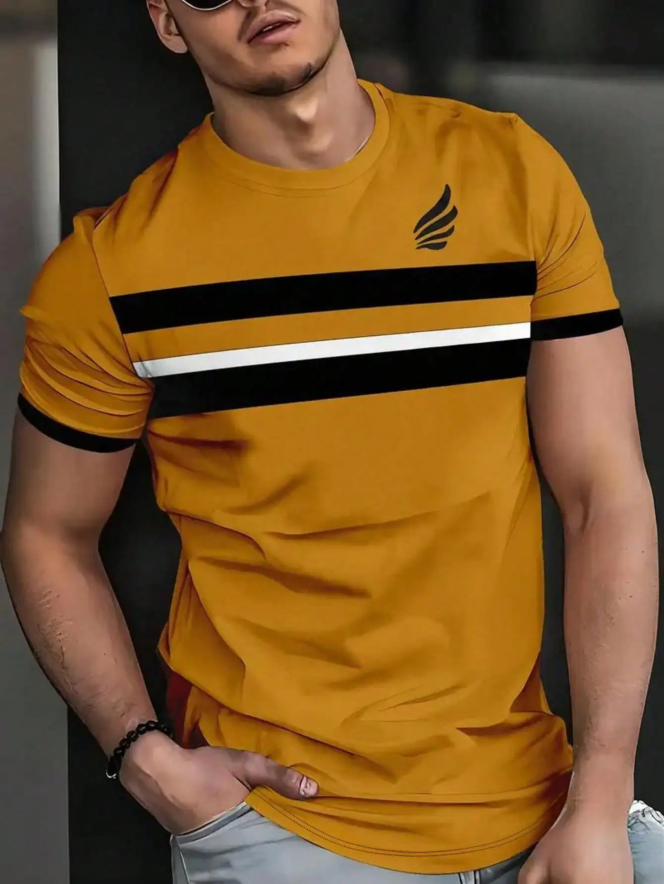 

Men's Mustard Yellow Striped Contrast Short Sleeve T-Shirt