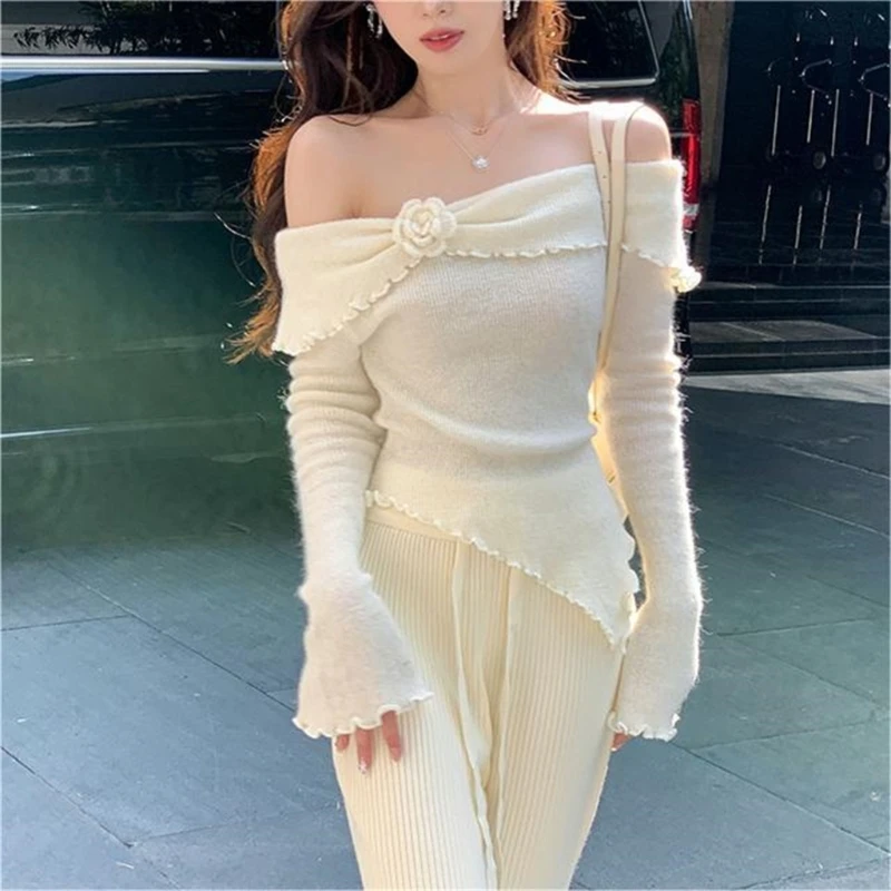 

Trendy White Knit Sweater with Unique Sleeves off Shoulder Sweater Perfect for Casual and Social Occasions