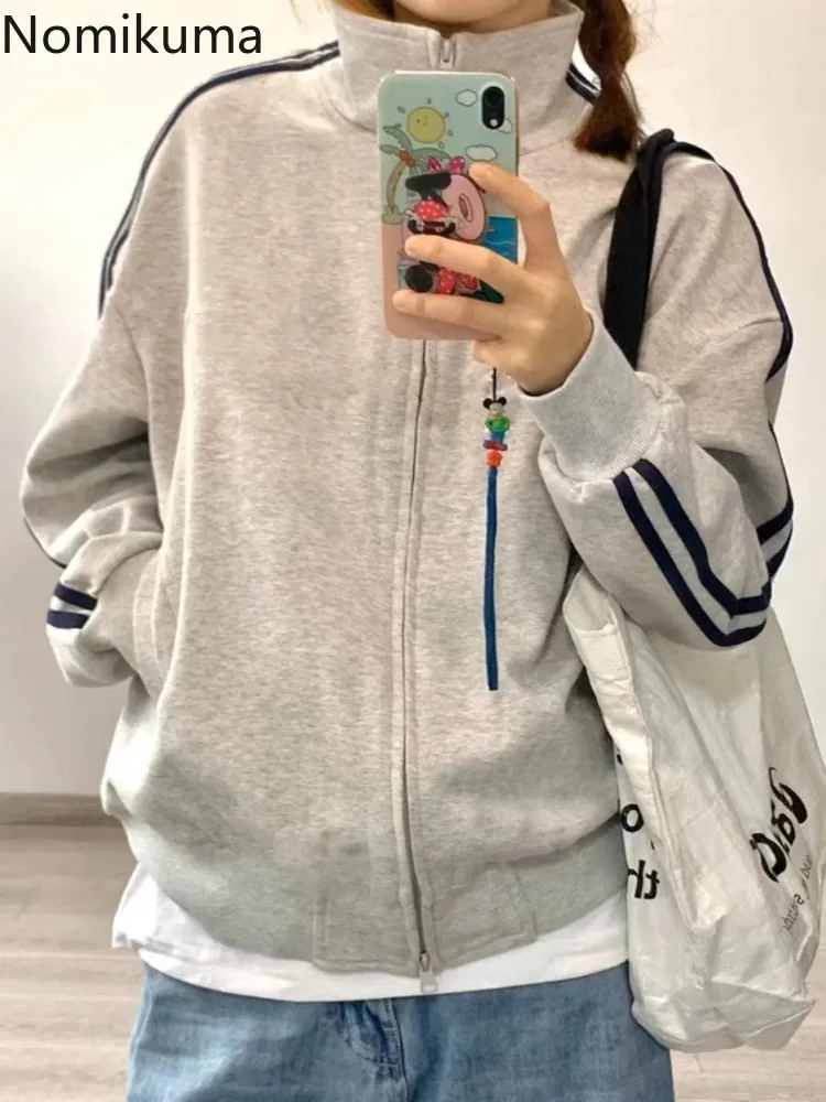 Vintage Zipper Hoodie Coat Women Clothes Stand Neck Casual Y2k Jackets Preppy Style 2024 Ropa Mujer Fashion Sweatshirts Tops