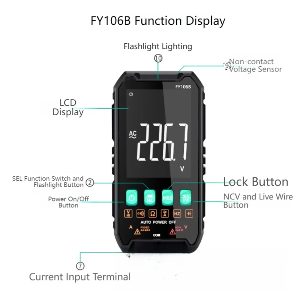 106B Ultra Thin Digital Multimeter Auto/Manual Ranging Lightweight Compact Tool For Electrical Maintenance Instrument Parts