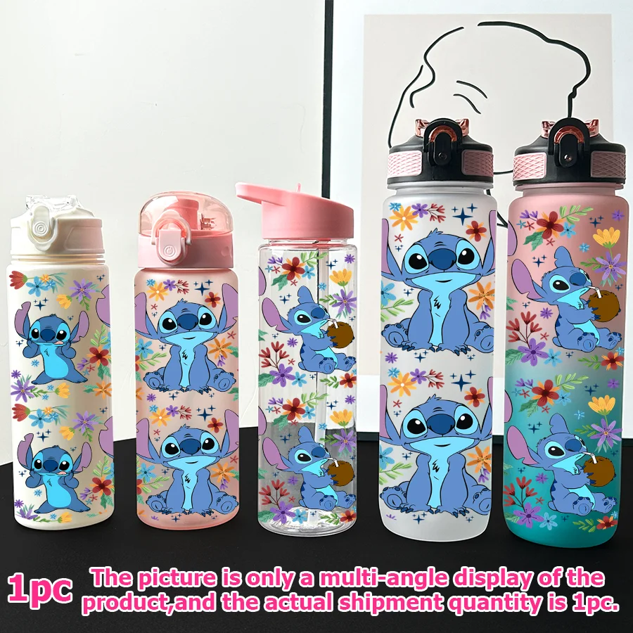 Botella de agua de plástico multiestilo con patrón de flores de Disney Stitch, 23-32oz, taza deportiva portátil, regalo de cumpleaños, taza para volver a la escuela, 1 ud.