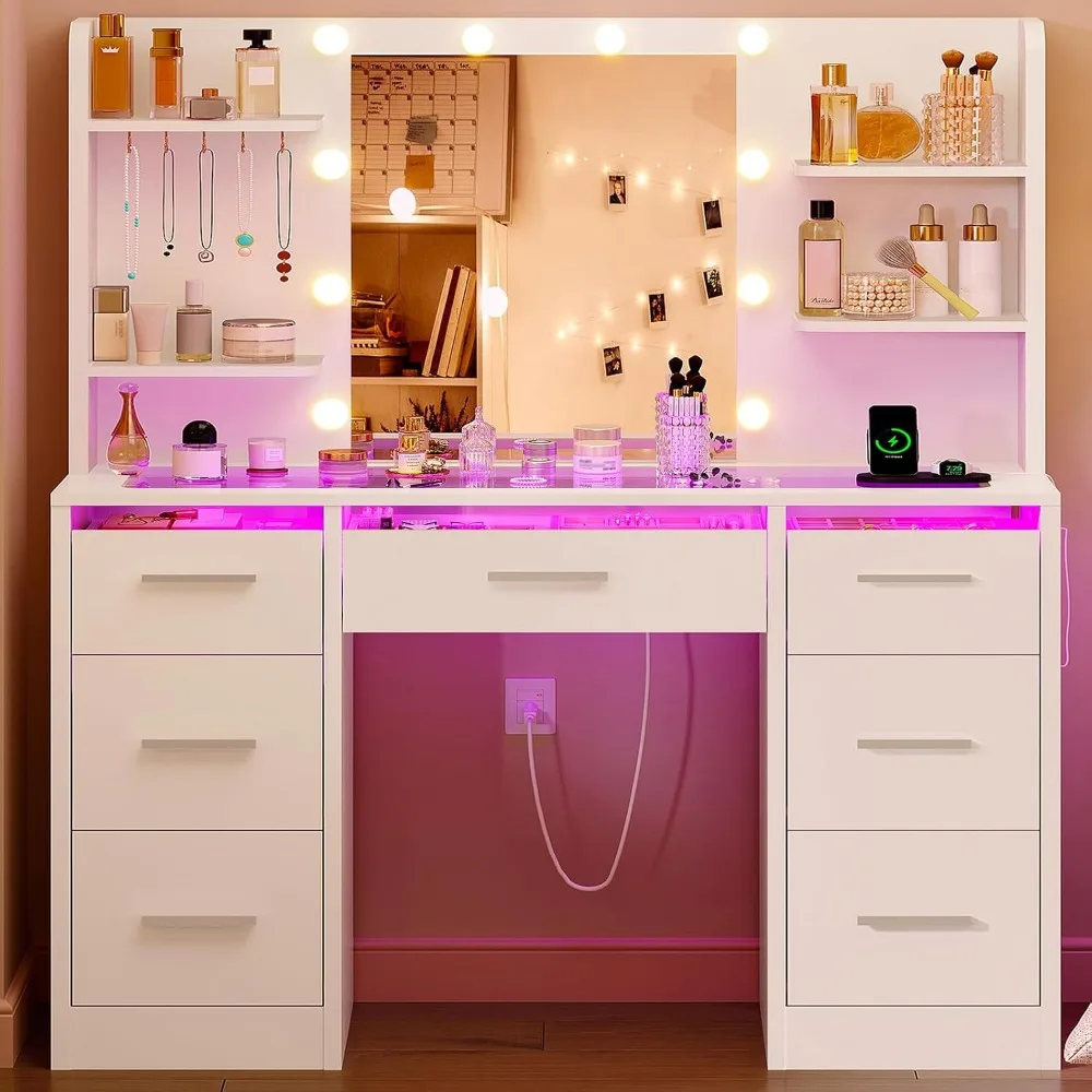 Glass Vanity Desk, 3-Color LED, Power Outlet, RGB Drawers, Adjustable Dressing Table for Bedrooms