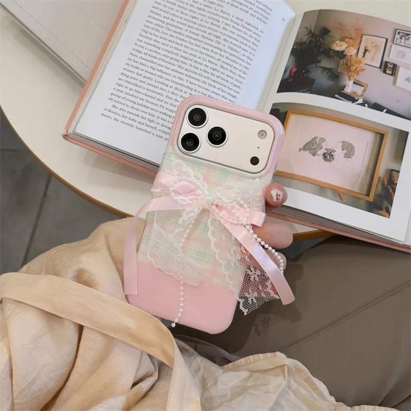 

Kawaii Coquette Plaid Lace Bow Phone Case For iPhone 17 16 15 Pro Max Cute Shockproof Protective Cover For Girls
