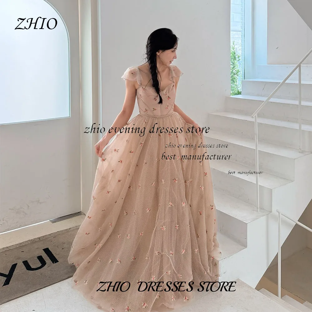ZHIO Тюлевое корейское вечернее платье цвета шампанского с вырезом в форме сердца и пышными рукавами, трапециевидной формы, длиной до пола, подходит для свадебного платья