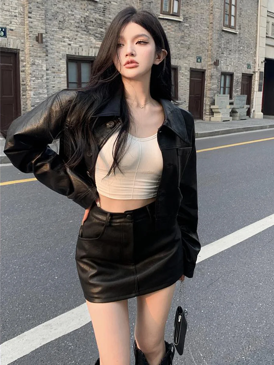 Black PU Leather Short Jacket Women's Fashion High Waist Slim Fit Bodycon  Skirt Commute Style Regular Sleeve Long Coat