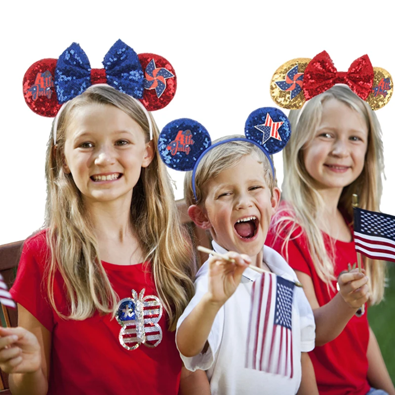 

2025 New Independence Day Mickey Mouse Headband Girls Sequins 5"Bow Hairband Women Festival Party DIY Hair Accessories Cute Gift