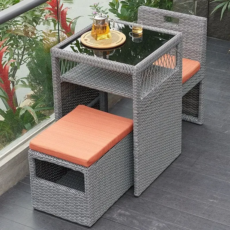 Balcony rattan weaving creative tea table and chair combination three piece set for leisure small household courtyard