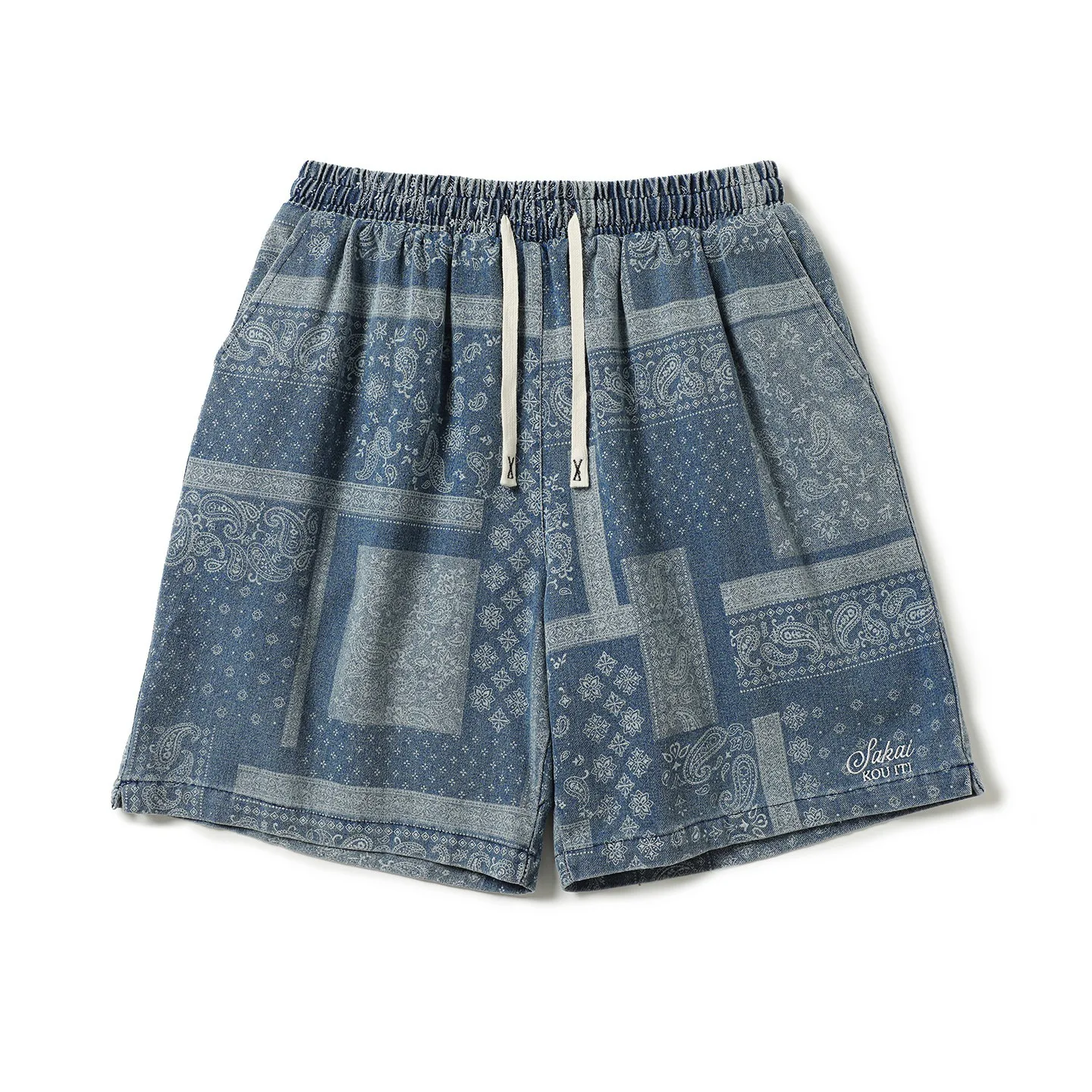 Retro Vintage Cashew Flower Pattern Casual Shorts for Men and Women Japanese Drawstring Beach Pants