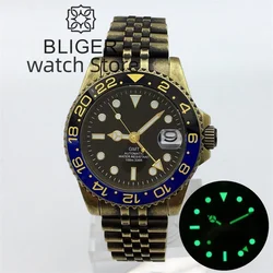 BLIGER 40mm Solid Bronze Watch For Men NH34A Automatic GMT Function Black Dial Sapphire Glass Bronze Bracelet Waterproof Watch