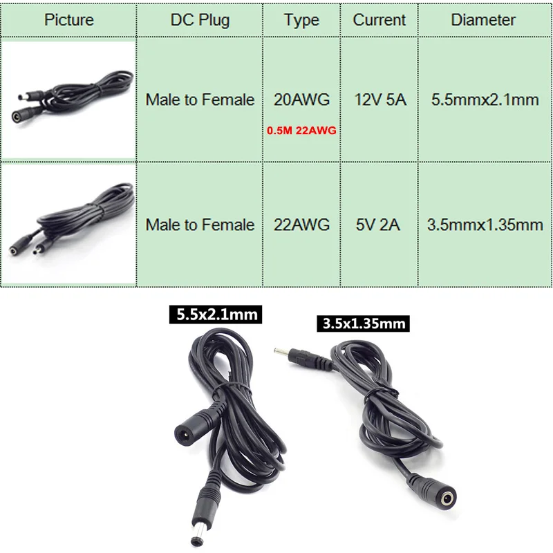 0.5M-5M 12V DC Power Extension Cable 5.5x2.1 Plug Female to Male 5.5x2.5 Male to Female Adapter Cord For CCTV Camera Strip Light