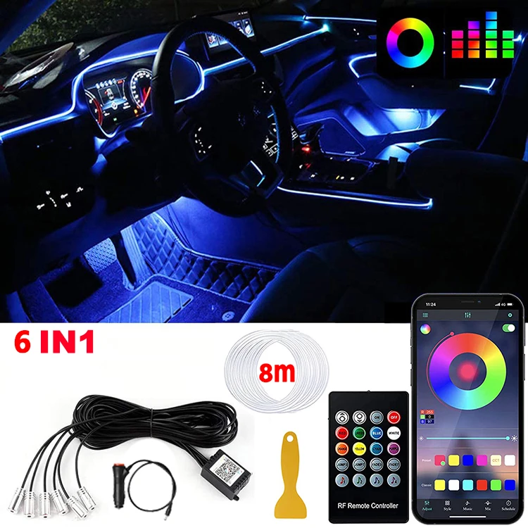 Led Auto Interieur Ambient Strip Lights Rgb Fiber Optic Sfeer Neon Verlichting Kit W/App Afstandsbediening Auto Decoratieve Lampen
